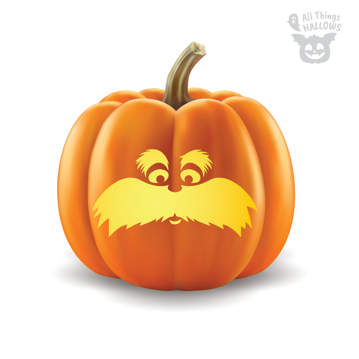 Lorax Pumpkin Stencil carving preview featuring expressive eyes, bushy eyebrows and the character's large mustache on an orange pumpkin.