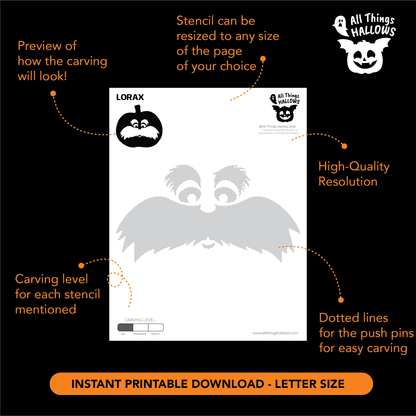 Printable Lorax Pumpkin Stencil template showing the mustache and face design with resizing, carving level and push-pin transfer details.