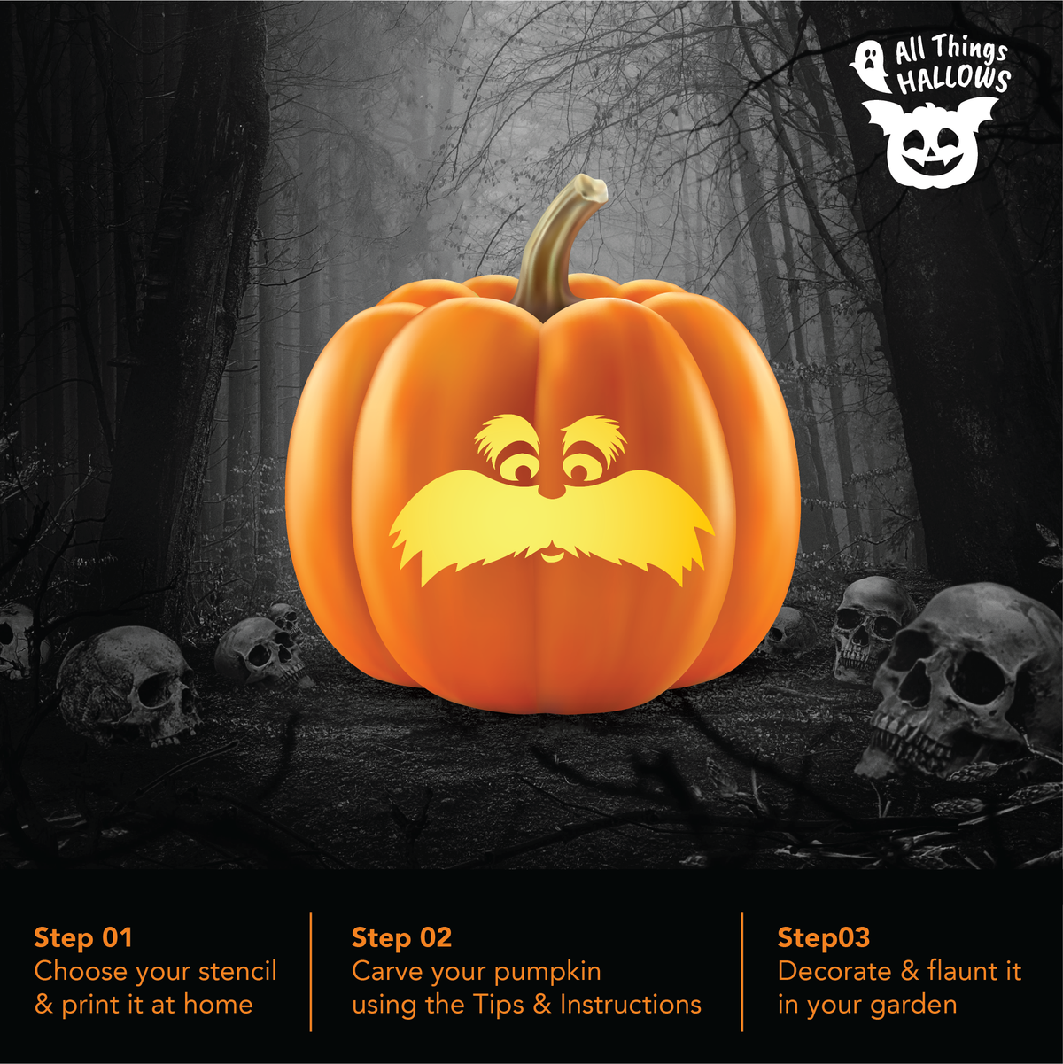 Finished Lorax Pumpkin Stencil carving preview glowing on an orange pumpkin in a dark spooky Halloween forest.