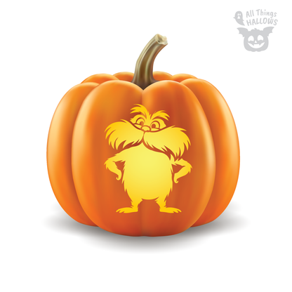 Lorax character Pumpkin Stencil preview featuring the full body, oversized mustache, furry body and hands on hips.