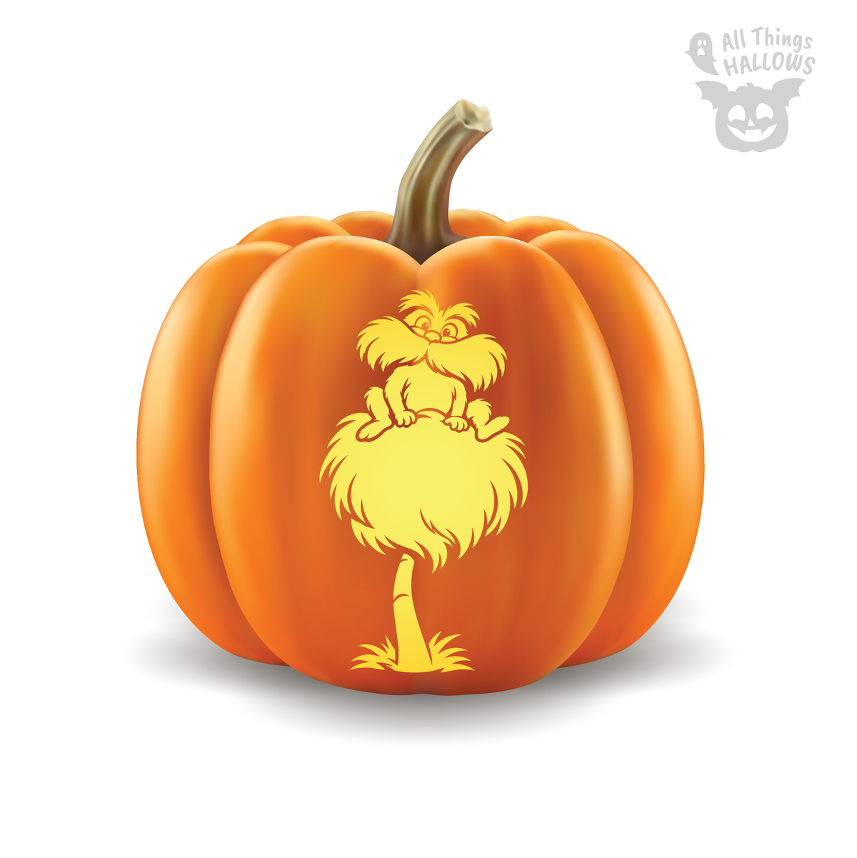 Lorax Pumpkin Stencil design featuring the character sitting on top of a fluffy Truffula tree.