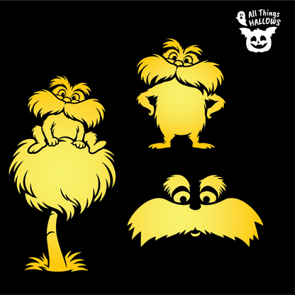 Three printable Lorax Pumpkin Stencil designs featuring the character's face, full body and Truffula tree pose.