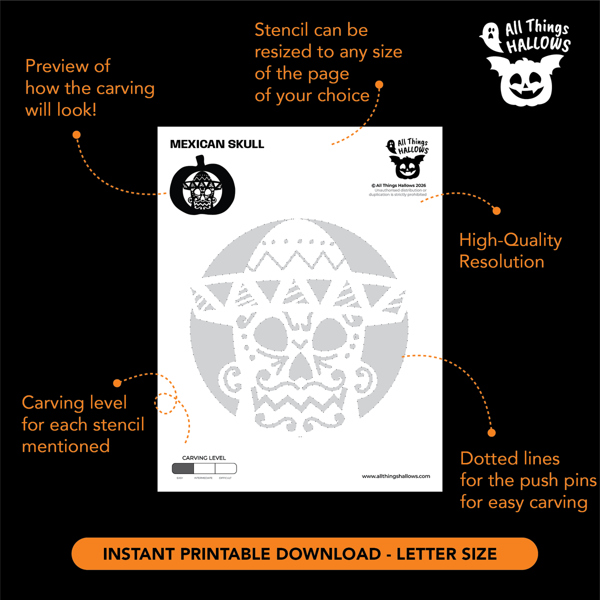 Printable Mexican Sugar Skull Pumpkin Stencil template showing the detailed skull design, carving level, resizing option and dotted push-pin lines.