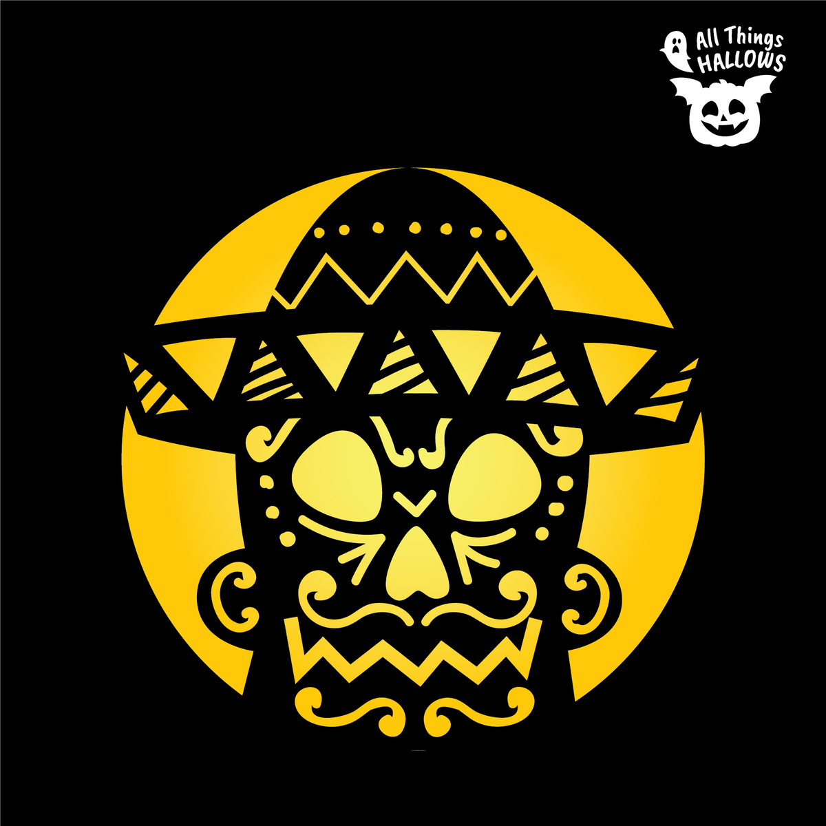 Mexican Sugar Skull Pumpkin Stencil design featuring an ornate skull with decorative swirls, geometric details and a sombrero against a circular background.