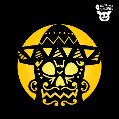 Mexican Sugar Skull Pumpkin Stencil design featuring an ornate skull with decorative swirls, geometric details and a sombrero against a circular background.