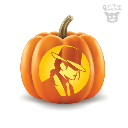Michael Jackson pumpkin stencil featuring Smooth Criminal fedora portrait on an orange jack-o'-lantern, printable Halloween carving design.