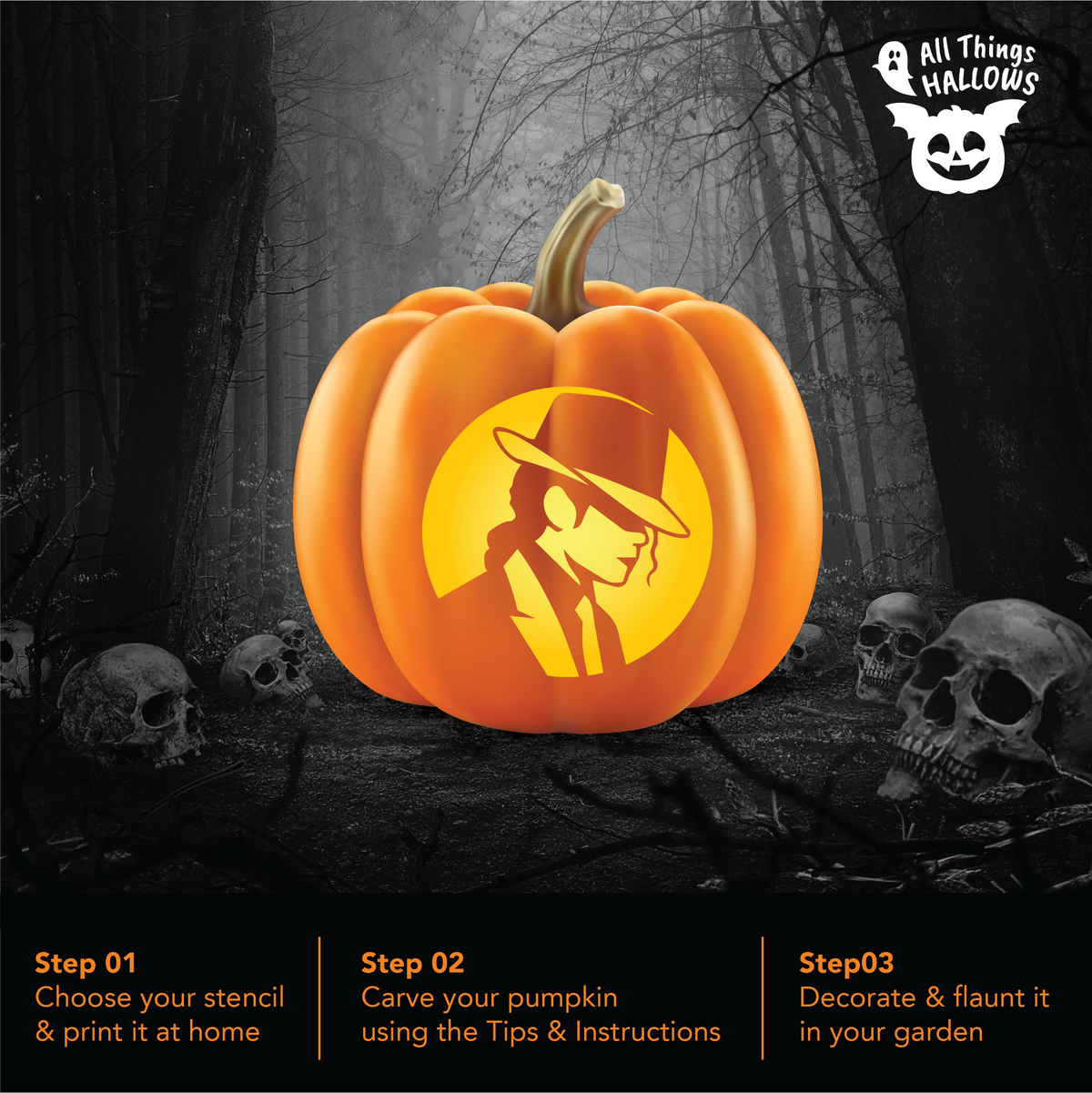Michael Jackson Smooth Criminal pumpkin carving design displayed on an orange jack-o'-lantern in a spooky forest with Halloween skull decorations.