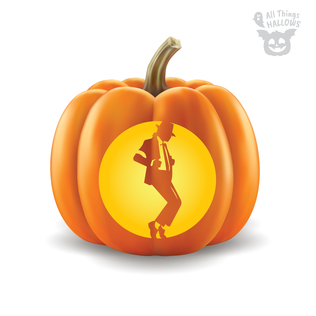 Michael Jackson Billie Jean pumpkin stencil showing iconic fedora dance pose inside a glowing circular jack-o'-lantern carving design.