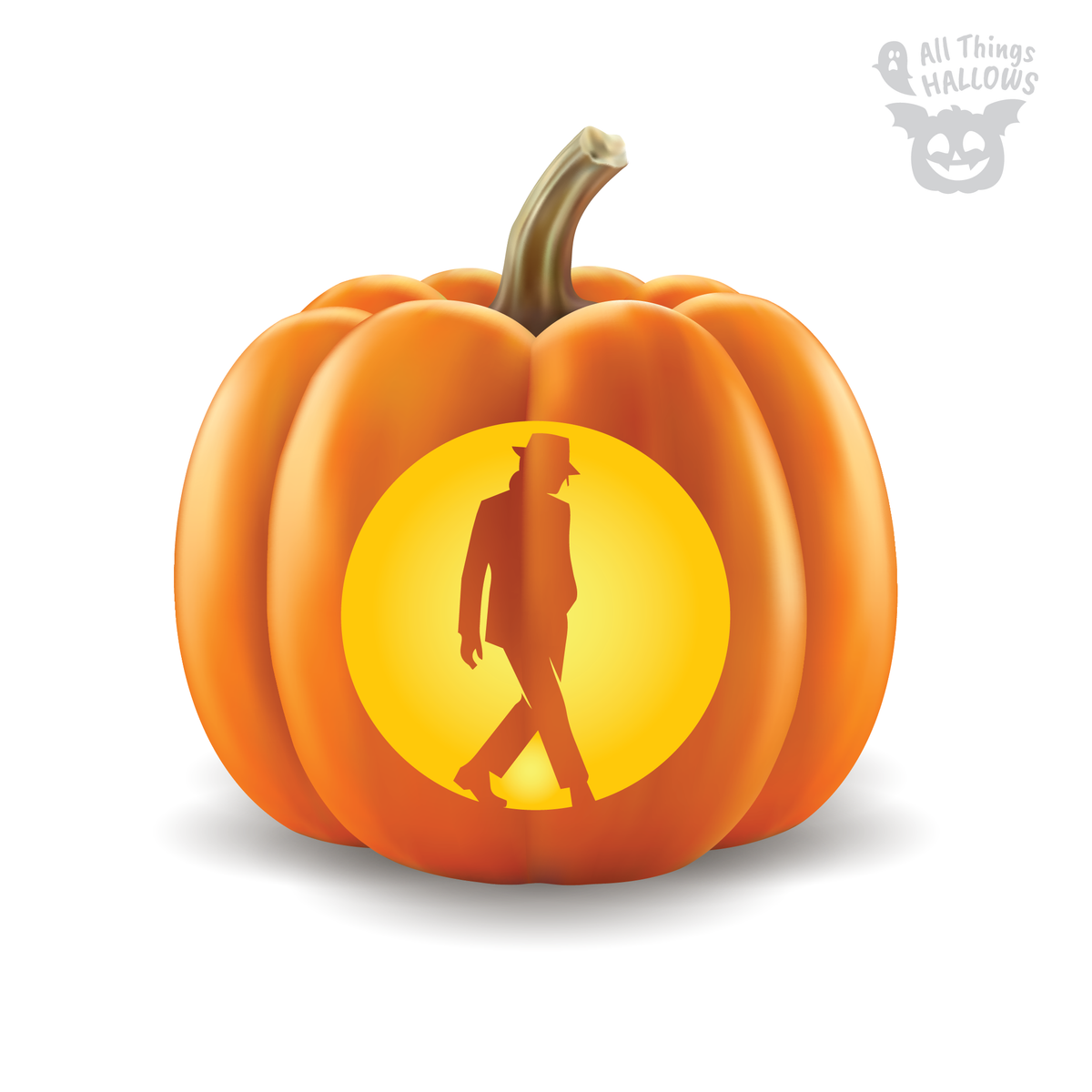 Michael Jackson moonwalk pumpkin carving stencil featuring full-body walking silhouette with fedora hat on an orange Halloween pumpkin.