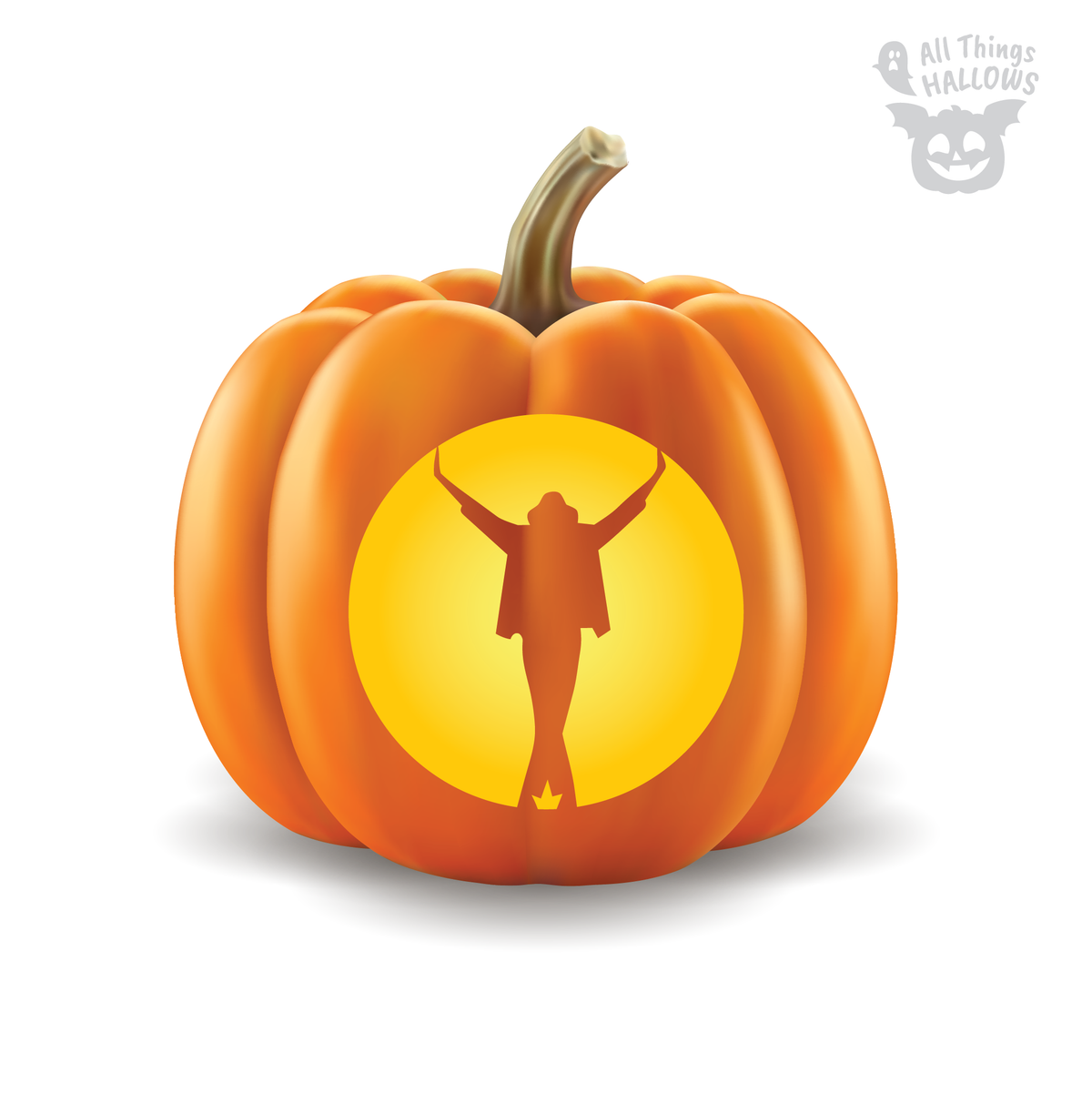 Michael Jackson King of Pop pumpkin stencil featuring a dramatic full-body silhouette with both arms raised against a glowing yellow background.