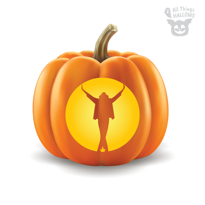 Michael Jackson King of Pop pumpkin stencil featuring a dramatic full-body silhouette with both arms raised against a glowing yellow background.