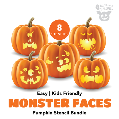 Monster Faces Pumpkin Stencil Bundle with 8 easy kid-friendly printable Halloween pumpkin carving patterns featuring funny monster faces.