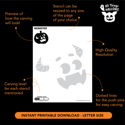 Printable monster face pumpkin stencil preview showing an easy horned monster carving pattern with resizing and carving level information.