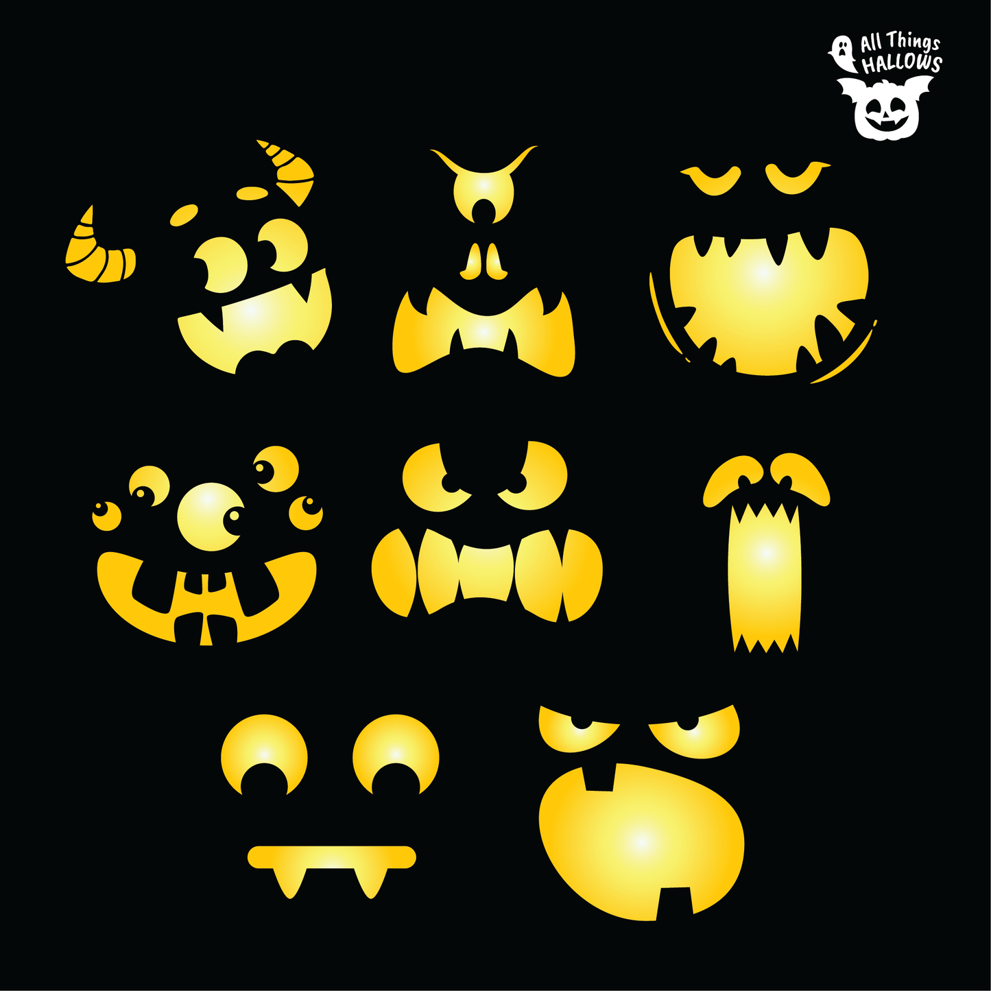 Collection of 8 Monster Faces Pumpkin Stencils featuring funny eyes, horns, fangs, teeth, goofy smiles and spooky monster expressions.