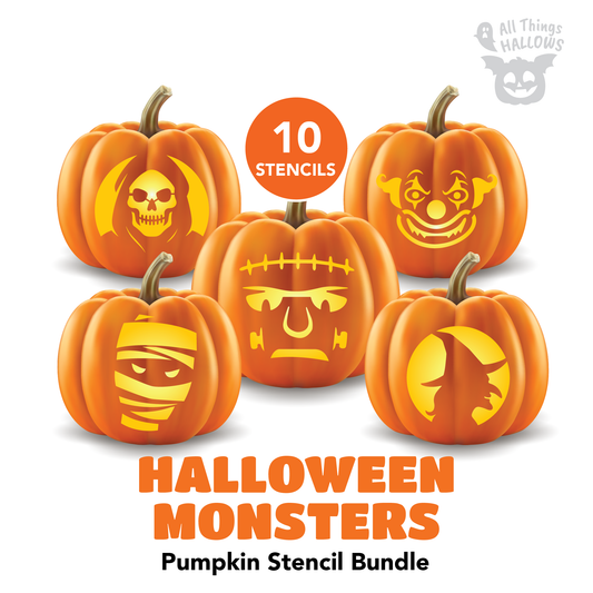 Halloween Monsters Pumpkin Stencil Bundle featuring 10 printable pumpkin carving templates including Frankenstein, mummy, witch, clown, and Grim Reaper designs.