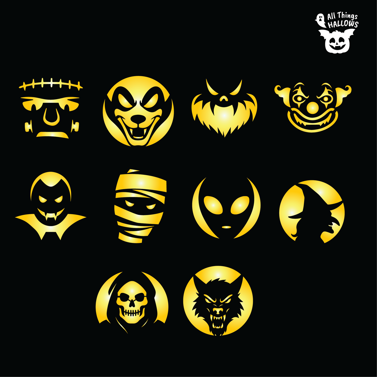 Collection of 10 Halloween monster pumpkin carving stencil designs including Frankenstein, vampire, mummy, alien, witch, clown, werewolf, Grim Reaper, and spooky monster faces.