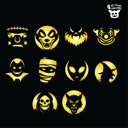 Collection of 10 Halloween monster pumpkin carving stencil designs including Frankenstein, vampire, mummy, alien, witch, clown, werewolf, Grim Reaper, and spooky monster faces.
