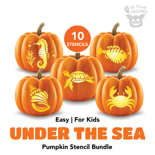 Ocean Animal Pumpkin Carving Stencil Bundle featuring 10 printable ocean themed pumpkin carving templates including sea turtle, seahorse, crab and tropical fish.