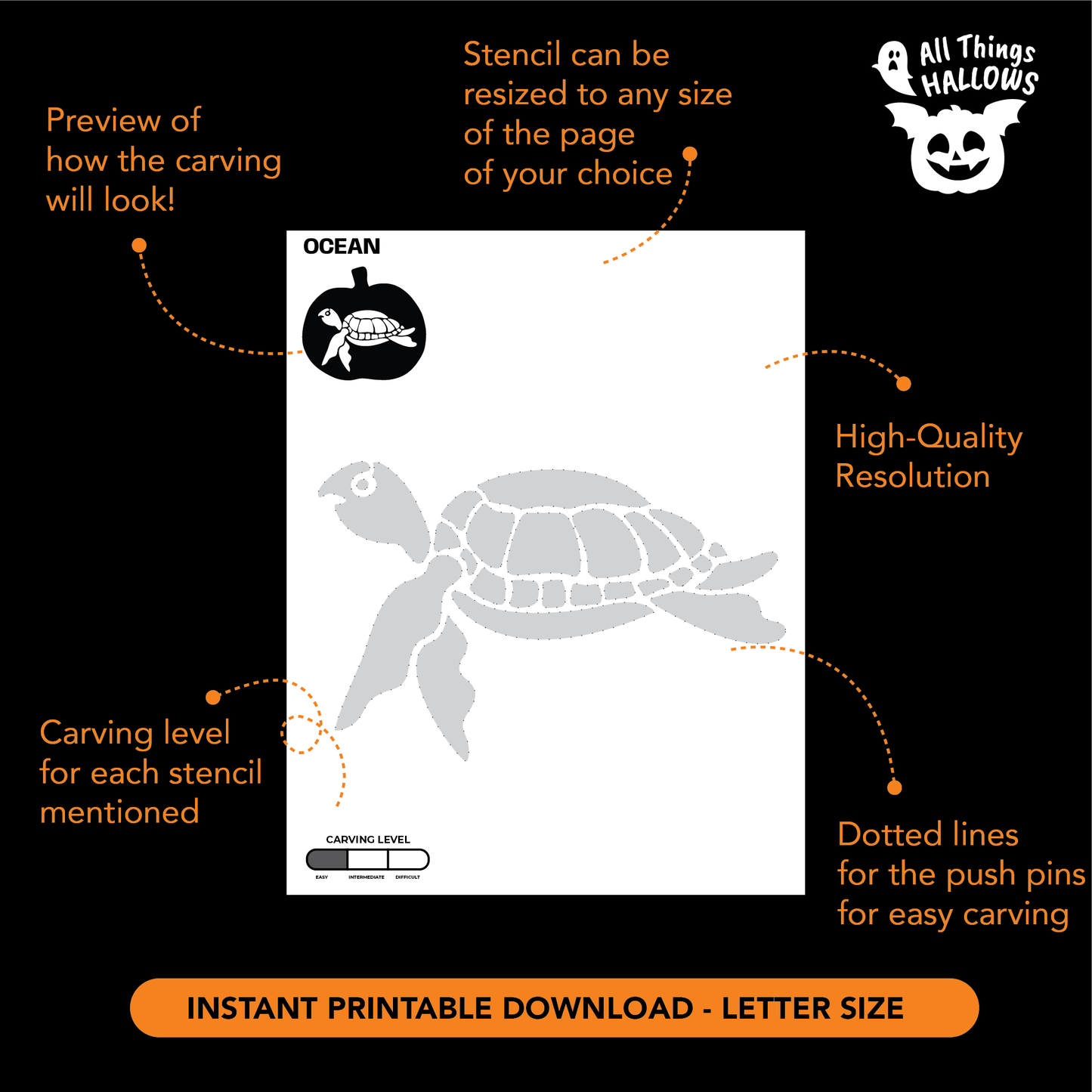 Printable Ocean Animal pumpkin carving stencil PDF showing an easy sea turtle carving pattern with printable template and carving guide.