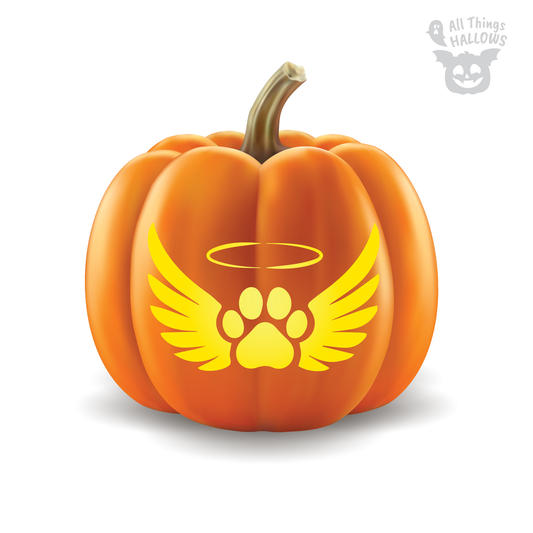 Paw Angel Wings Pumpkin Stencil carved into a Halloween pumpkin featuring angel wings, a paw print, and halo, perfect for a pet memorial pumpkin.