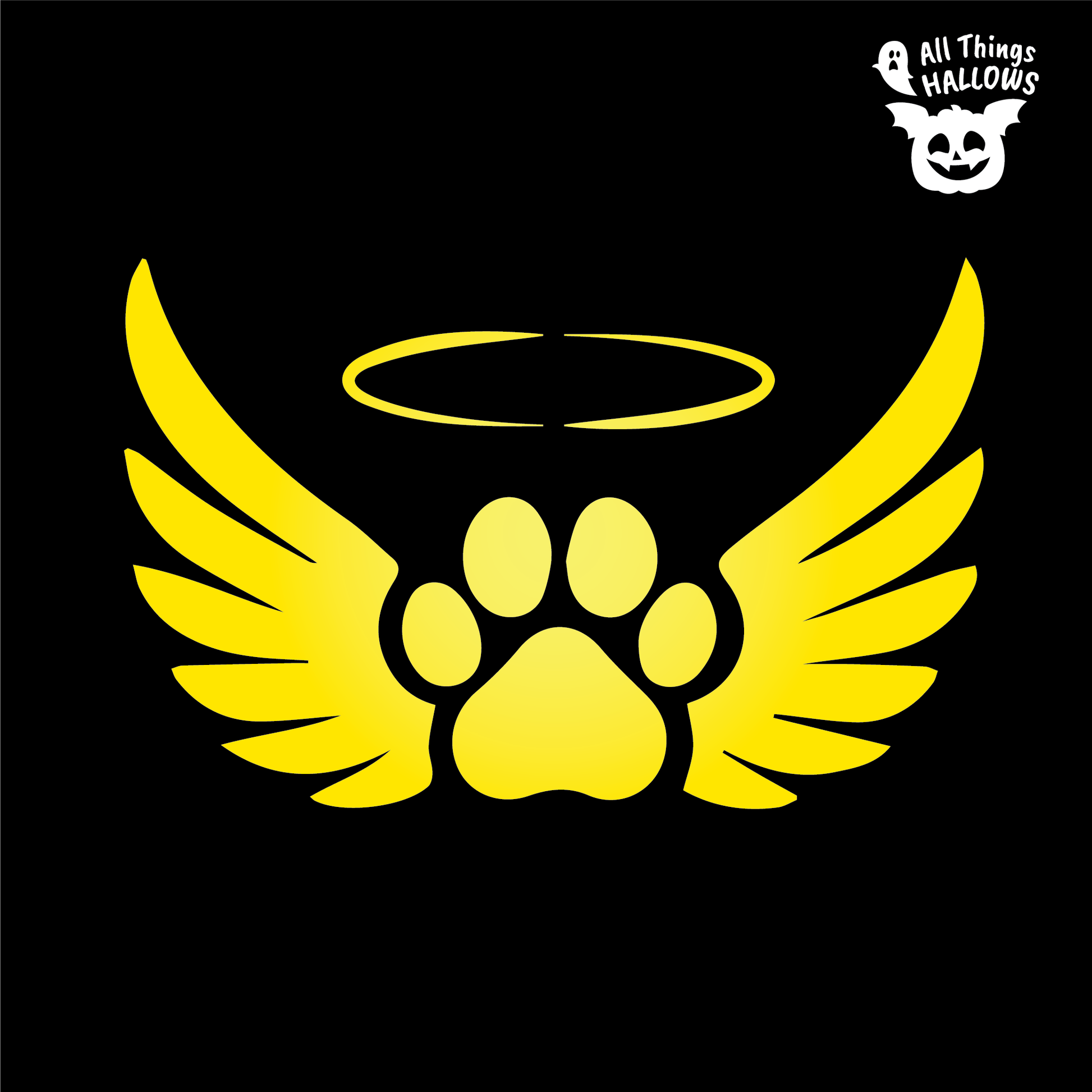 Paw Angel Wings pumpkin stencil design featuring a paw print with angel wings and a halo, printable PDF template for a pet remembrance Halloween pumpkin.
