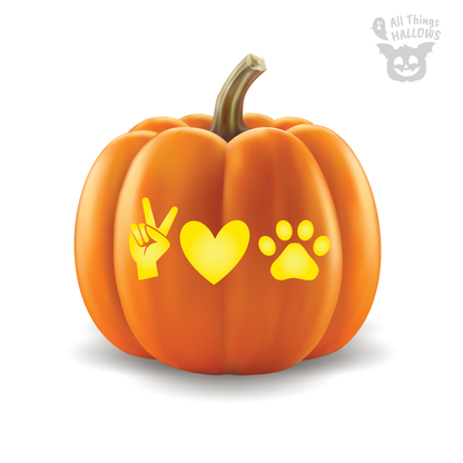 Peace Love Paw pumpkin featuring a carved peace sign, heart, and paw print design for Halloween pet lovers.