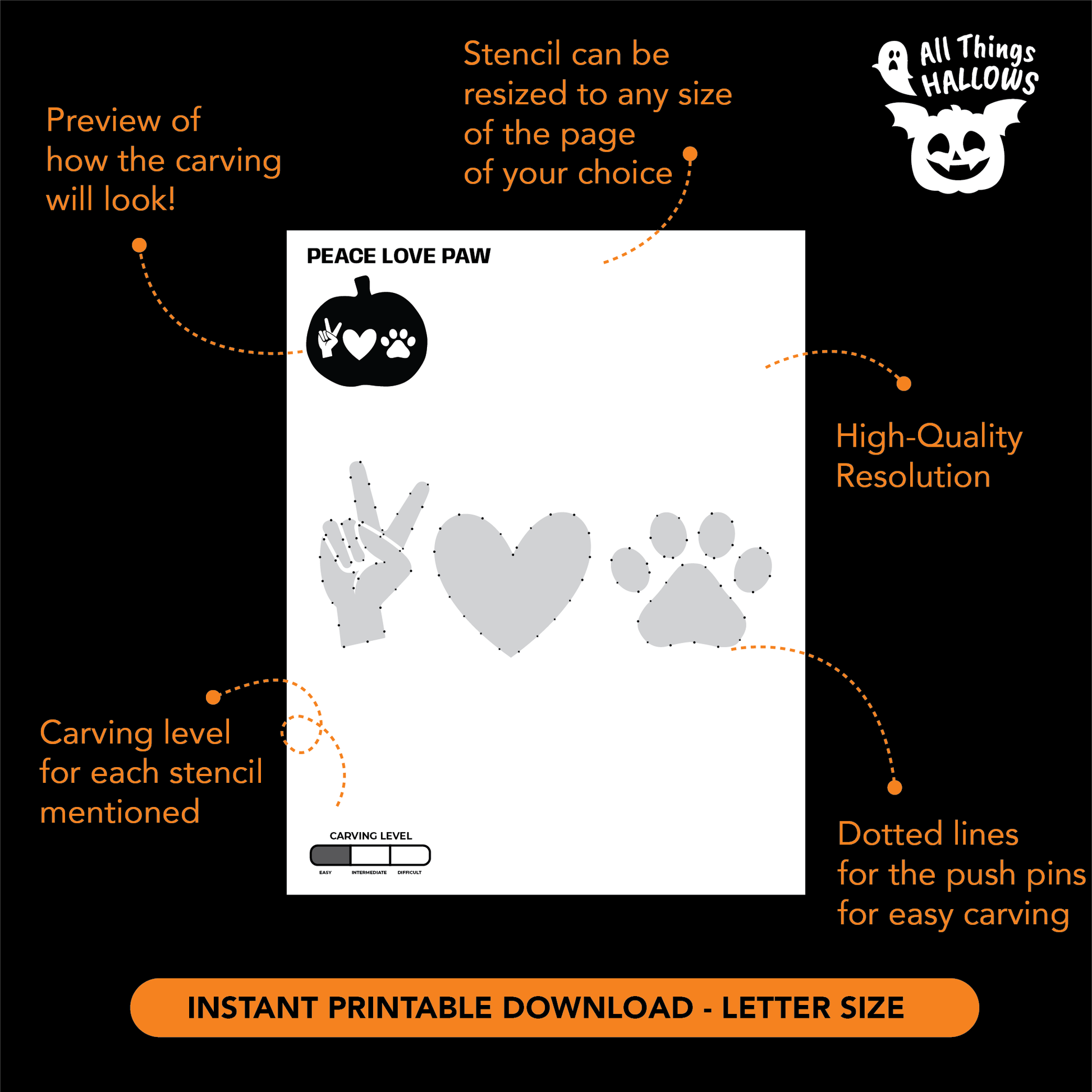 Peace Love Paw printable pumpkin carving stencil with high resolution template, dotted transfer lines, carving difficulty level, and instant digital download.