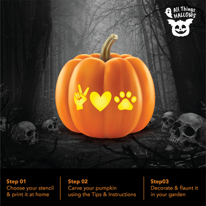 Peace Love Paw pumpkin carving displayed in a spooky Halloween forest with simple three step carving instructions from print to display.