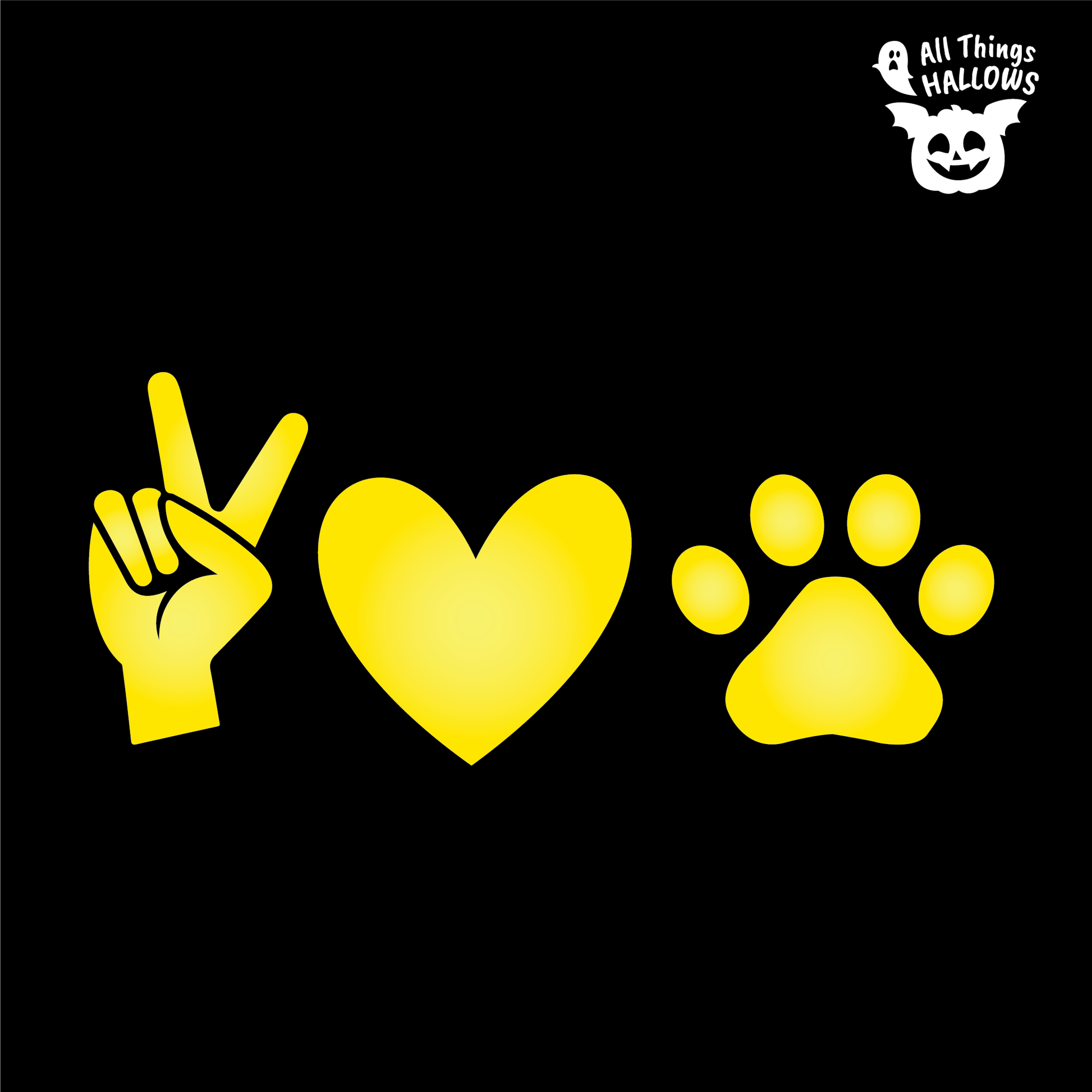 Peace Love Paw pumpkin carving design showing a peace hand sign, heart symbol, and paw print for dog lovers and pet themed Halloween decorations.