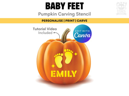 Personalized Baby Feet Pumpkin Stencil with custom name Emily, editable Canva pumpkin carving template with baby footprints.