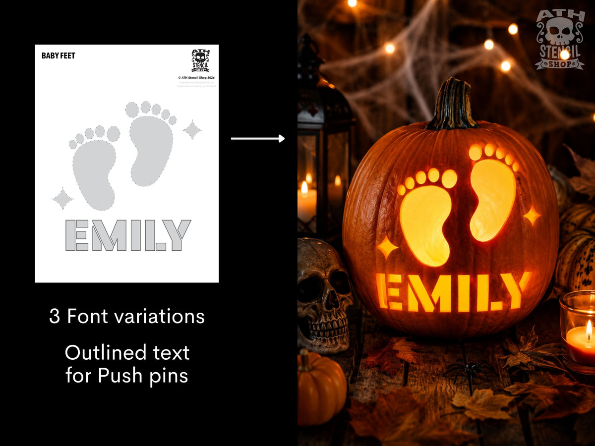Personalized Baby Feet Pumpkin Stencil with name Emily shown beside a glowing carved Halloween pumpkin with baby footprints.