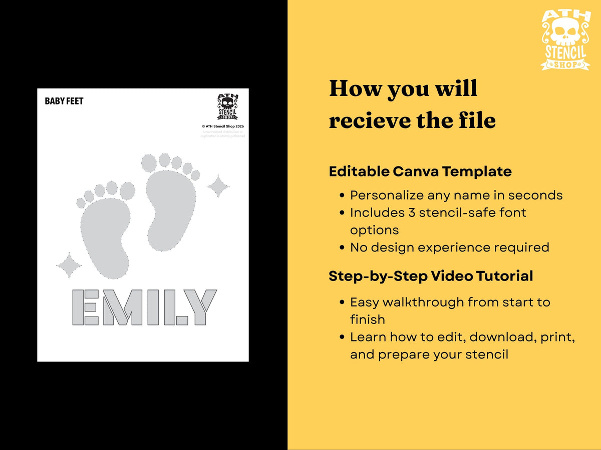 Editable Personalized Baby Feet Pumpkin Stencil Canva template with custom name, 3 stencil-safe font options and video tutorial.