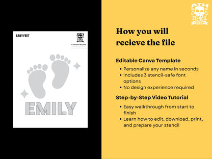 Editable Personalized Baby Feet Pumpkin Stencil Canva template with custom name, 3 stencil-safe font options and video tutorial.