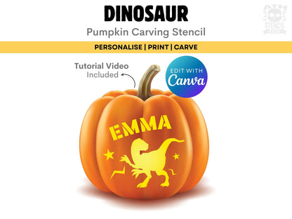 Personalized Dinosaur Pumpkin Stencil with custom name Emma, editable Canva pumpkin carving template featuring a dinosaur design.