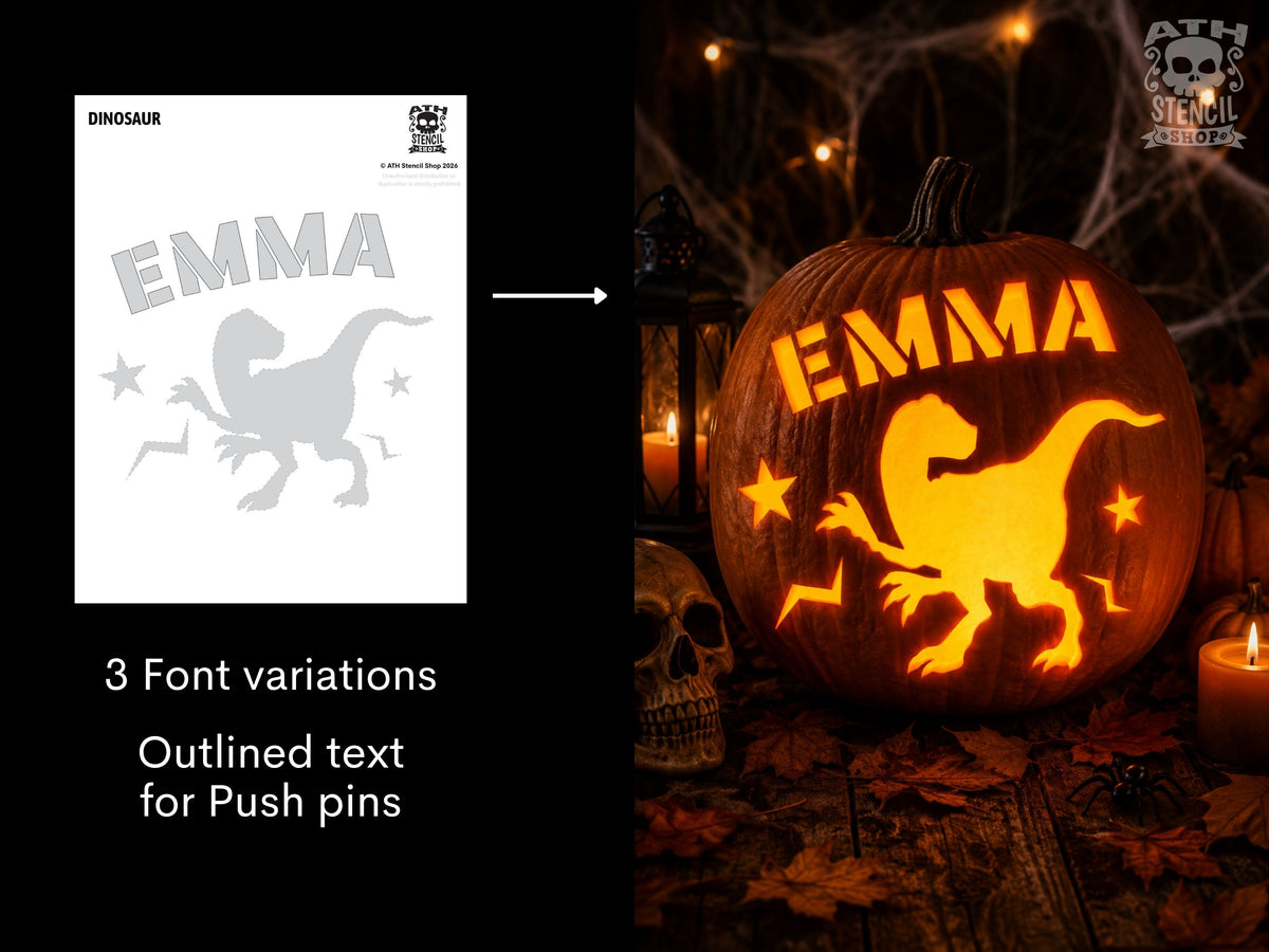 Personalized Dinosaur Pumpkin Stencil with name Emma shown beside a glowing carved Halloween pumpkin featuring a dinosaur, stars and lightning bolts.