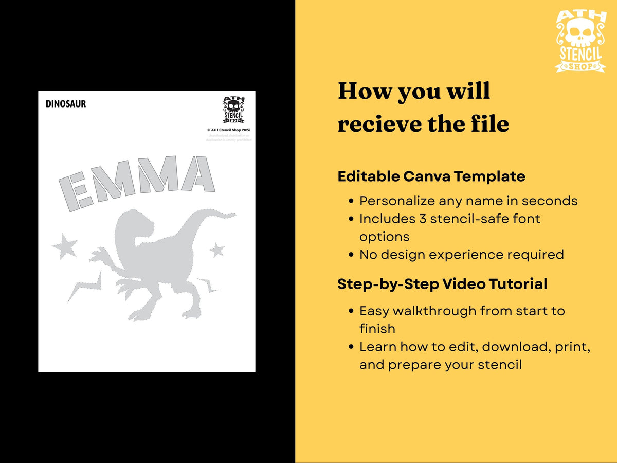 Editable Personalized Dinosaur Pumpkin Stencil Canva template with custom name, 3 stencil-safe font options and step-by-step video tutorial.