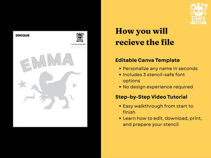 Editable Personalized Dinosaur Pumpkin Stencil Canva template with custom name, 3 stencil-safe font options and step-by-step video tutorial.