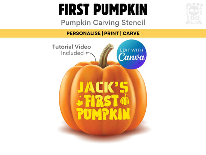 Personalized First Pumpkin Stencil with custom name Jack, editable Canva pumpkin carving template with tutorial video included.