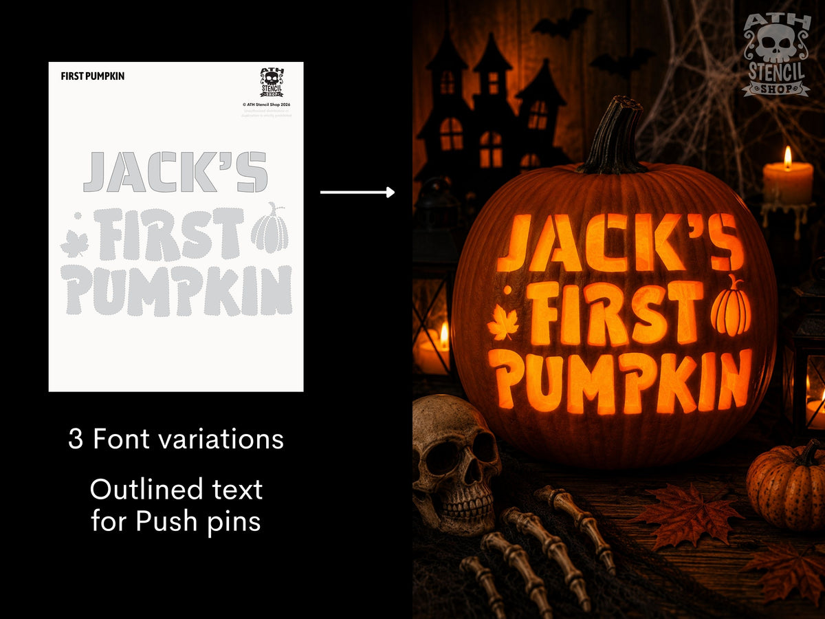 Personalized First Pumpkin Stencil with custom name Jack beside a glowing carved Halloween pumpkin showing the finished design.