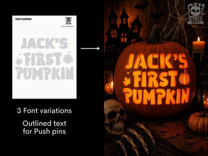 Personalized First Pumpkin Stencil with custom name Jack beside a glowing carved Halloween pumpkin showing the finished design.