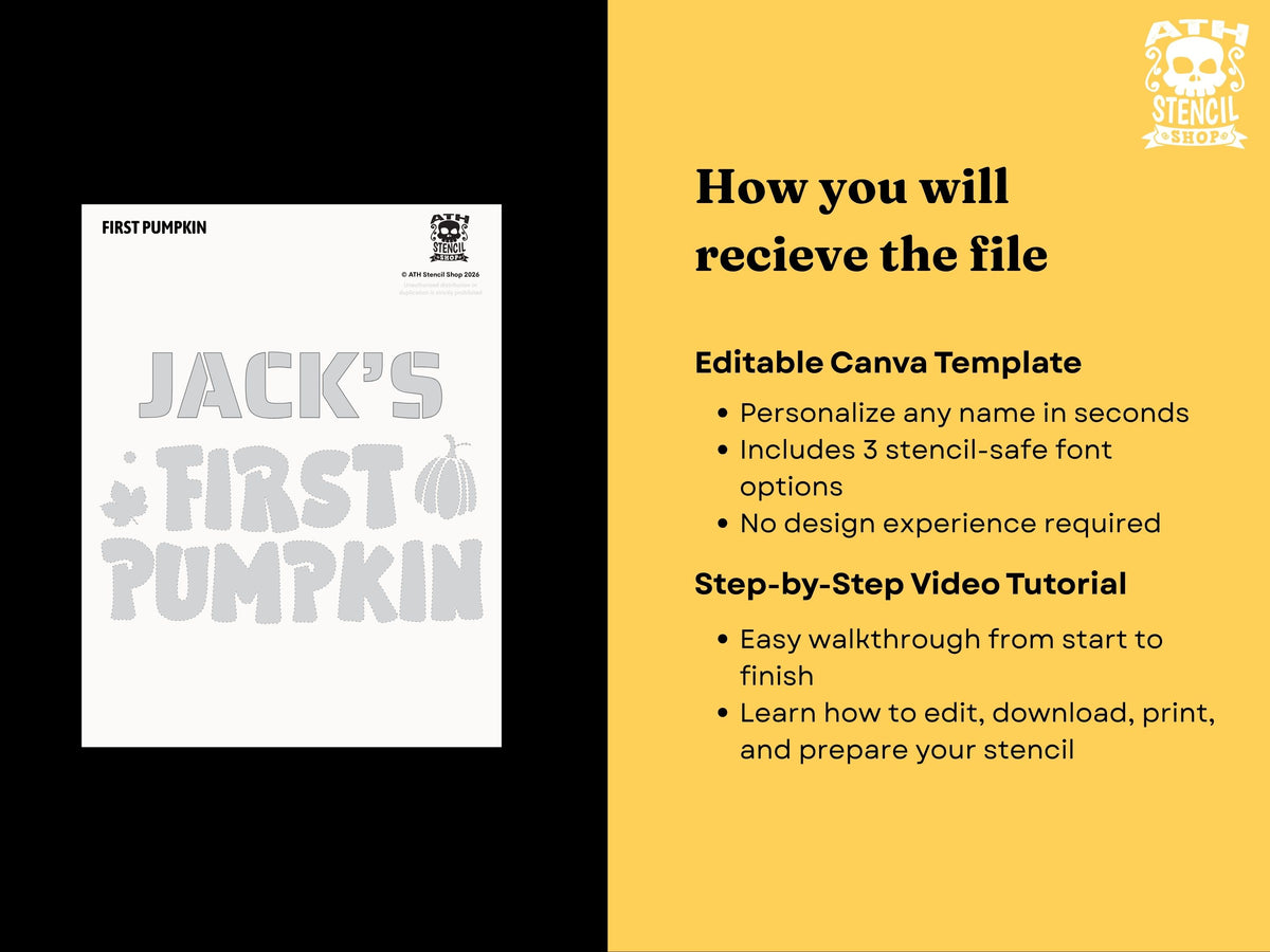 Editable Personalized First Pumpkin Stencil Canva template with custom name, 3 stencil-safe font options and step-by-step video tutorial.