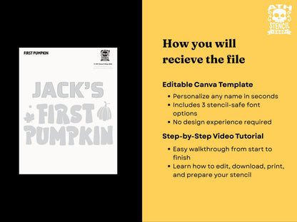 Editable Personalized First Pumpkin Stencil Canva template with custom name, 3 stencil-safe font options and step-by-step video tutorial.