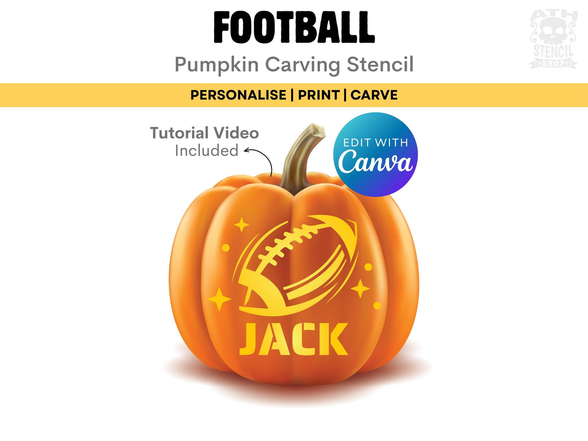 Personalized Football Pumpkin Stencil with custom name Jack, editable Canva pumpkin carving template with football design.