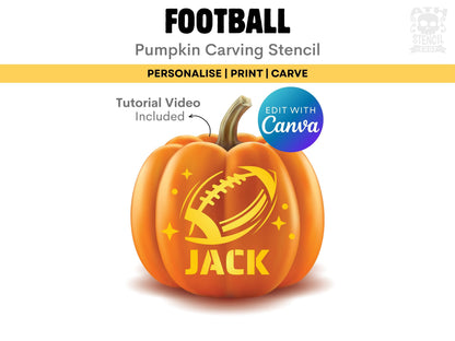 Personalized Football Pumpkin Stencil with custom name Jack, editable Canva pumpkin carving template with football design.