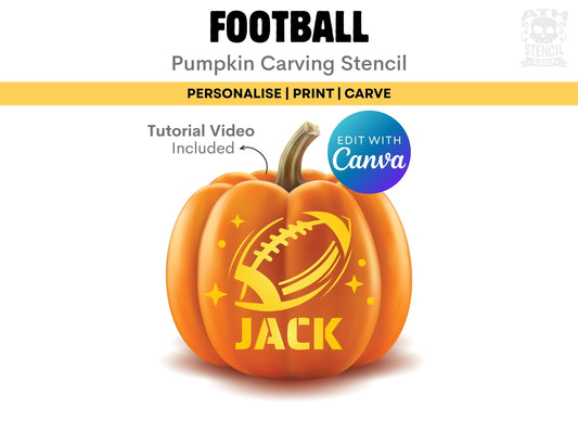 Personalized Football Pumpkin Stencil with custom name Jack, editable Canva pumpkin carving template with football design.