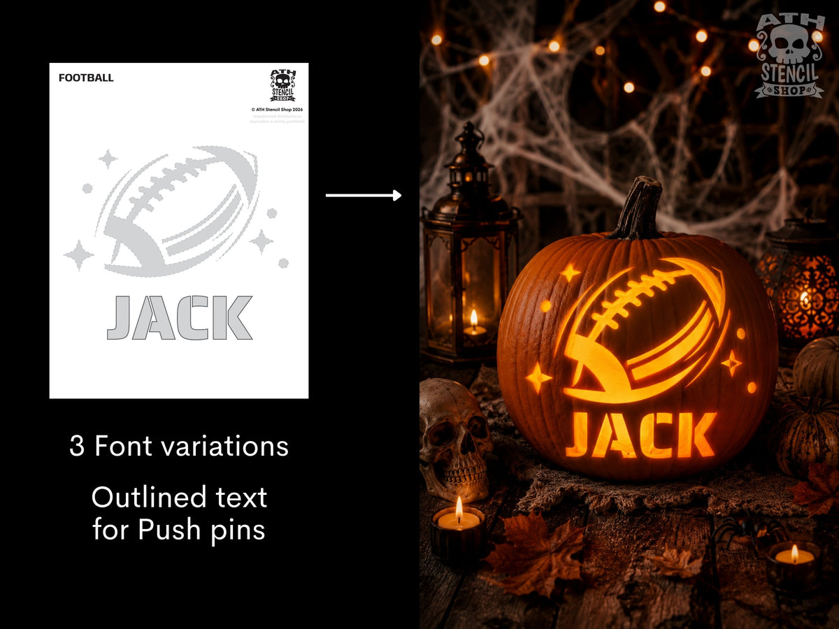 Personalized Football Pumpkin Stencil with name Jack shown beside a glowing carved football Halloween pumpkin.