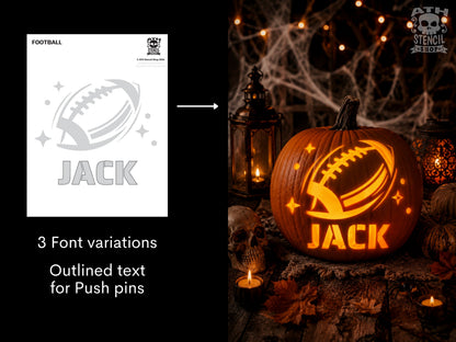 Personalized Football Pumpkin Stencil with name Jack shown beside a glowing carved football Halloween pumpkin.