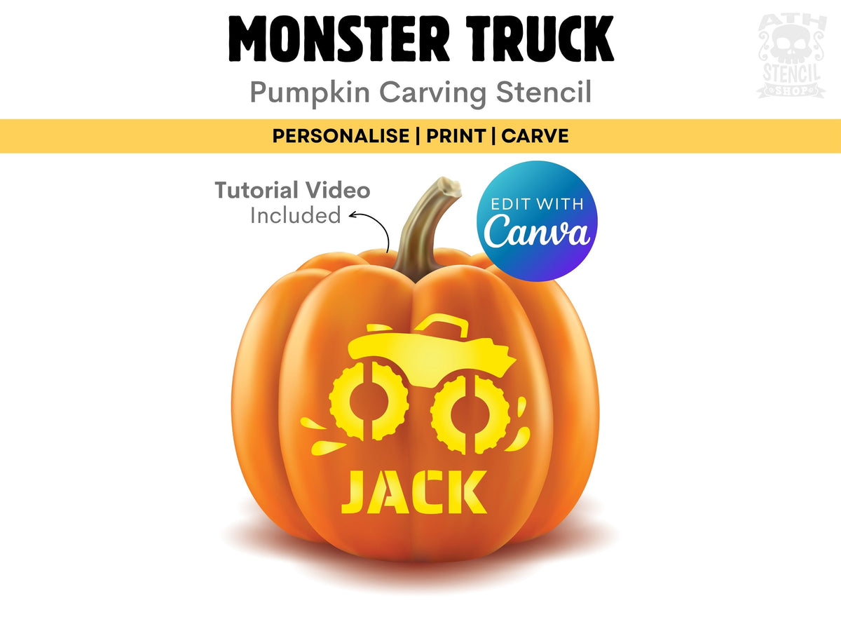 Personalized Monster Truck Pumpkin Stencil with custom name Jack, editable Canva template and printable Halloween carving design.