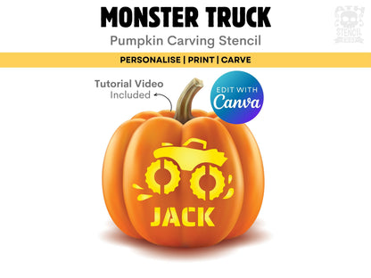 Personalized Monster Truck Pumpkin Stencil with custom name Jack, editable Canva template and printable Halloween carving design.