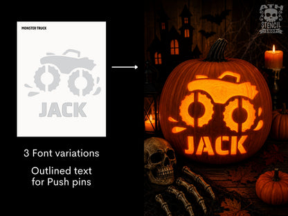 Personalized monster truck pumpkin carving stencil with custom name Jack beside a glowing carved pumpkin preview.
